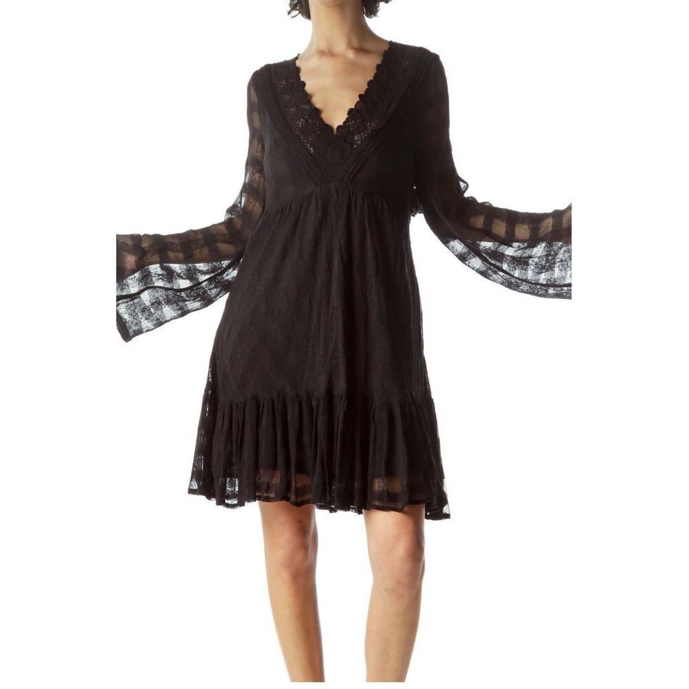Free People Gentle Dreamer Black Gauze Square Check Print Dress Long Sleeve V-Ne